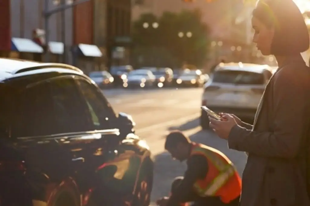 Woman using smartphone near vehicle with roadside assistance worker in background