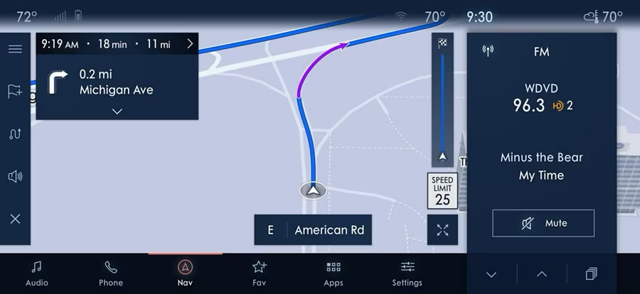 Lincoln infotainment display showing turn-by-turn navigation and FM radio screen