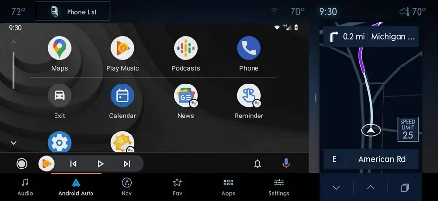 Lincoln touchscreen showing Android Auto apps and turn-by-turn navigation