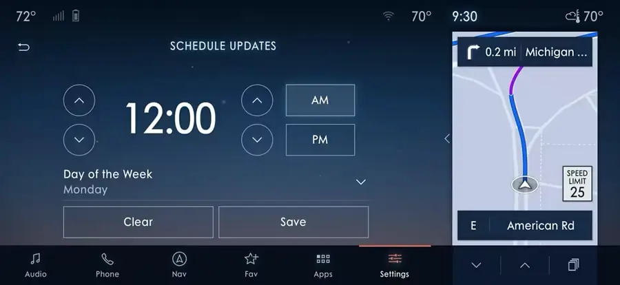 Lincoln infotainment settings screen for scheduling software updates