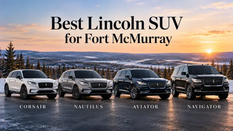 Lincoln Corsair, Nautilus, Aviator, and Navigator SUVs lined up on a snowy Fort McMurray overlook at sunset.