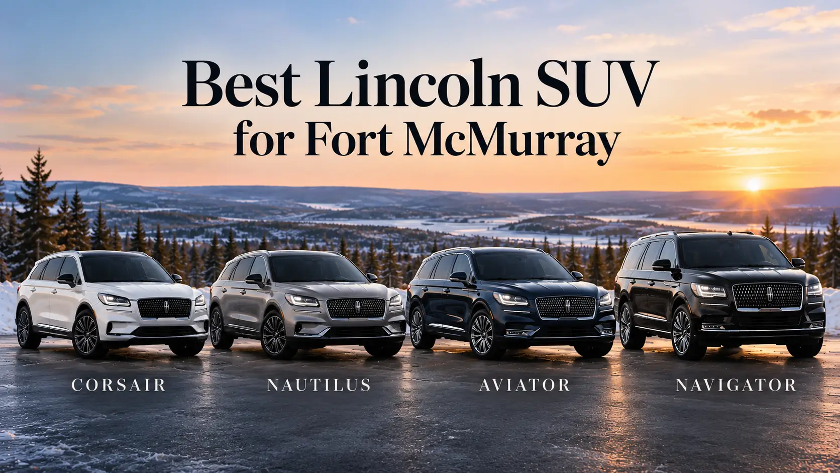 Lincoln Corsair, Nautilus, Aviator, and Navigator SUVs lined up on a snowy Fort McMurray overlook at sunset.